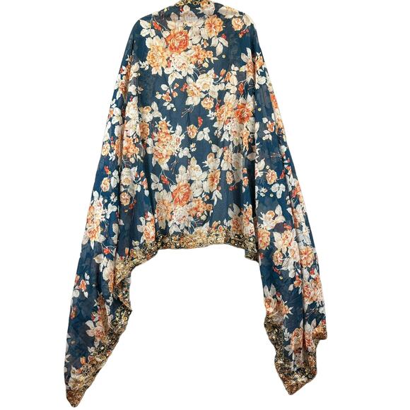 Boho Wrap Floral Art Scarf 35x89 Beachy Sarong Gold Sequins Teal Blue Peach - Picture 2 of 8
